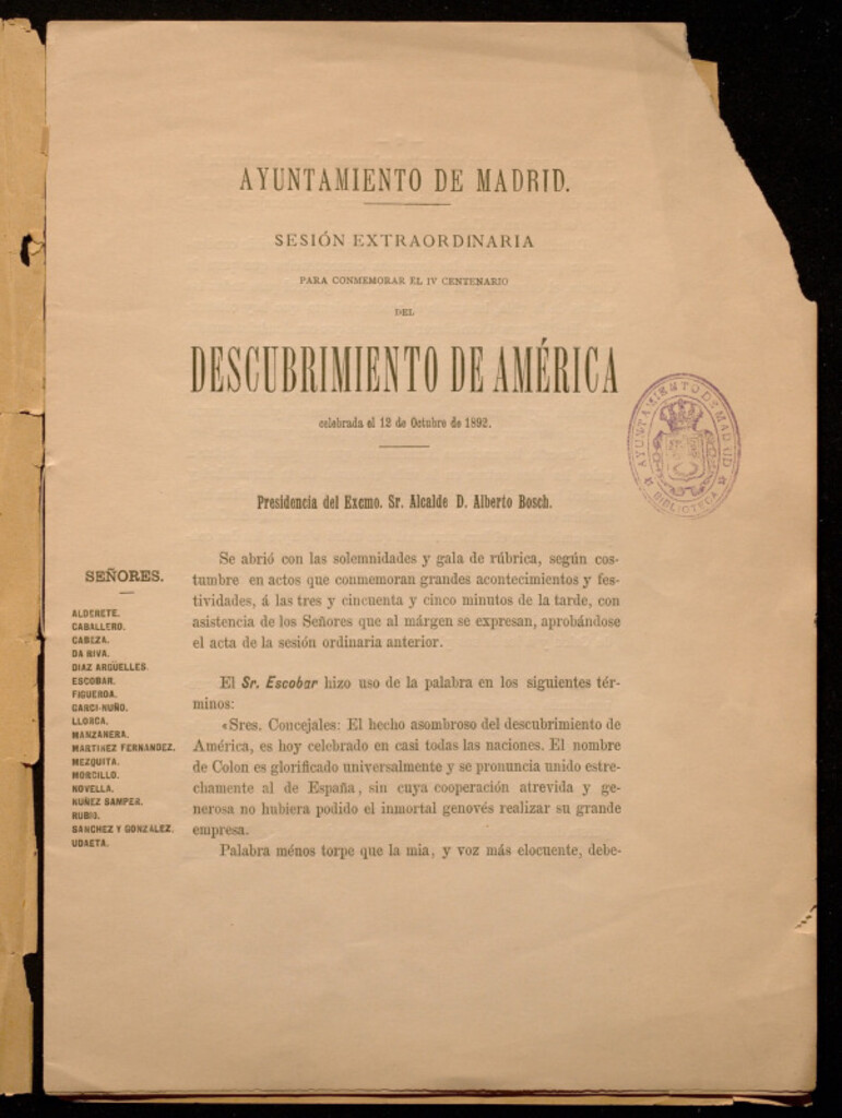 Miniatura de Sesión extraordinaria para conmemorar el IV centenario del descubrimiento de América celebrada el 12 de octubre de 1892