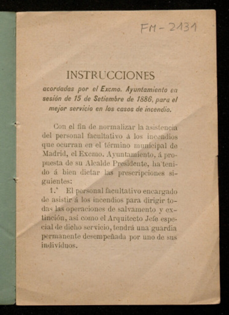 Miniatura de Instrucciones acordadas en sesión del 15 de septiembre de 1886 para el mejor servicio en los casos de incendio