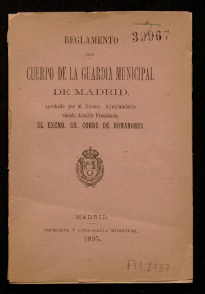 Miniatura de Reglamento del cuerpo de la guardia municipal de Madrid : aprobado... siendo Alcalde Presidente el Conde de Romanones