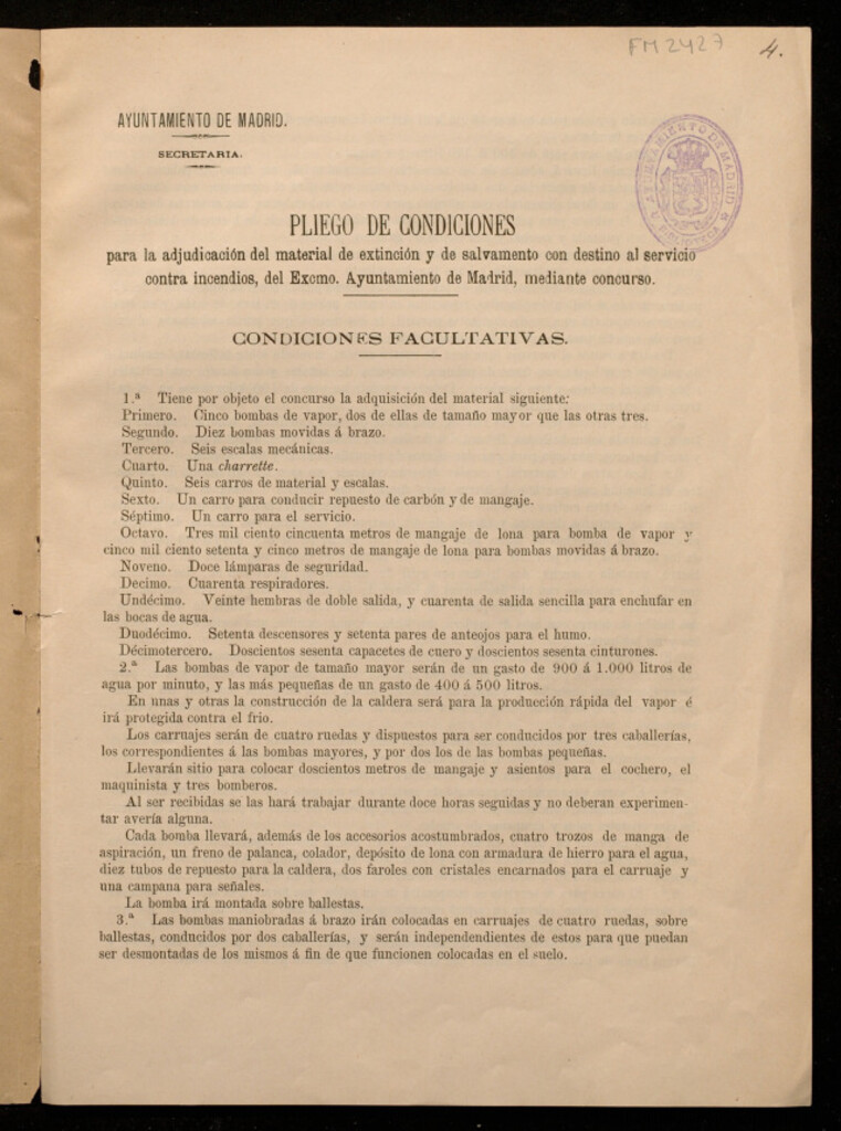 Miniatura de Pliego de condiciones para la adjudicación del material de extinción y de salvamento con destino al servicio contra incendios, del excmo. Ayuntamiento de Madrid, mediante concurso