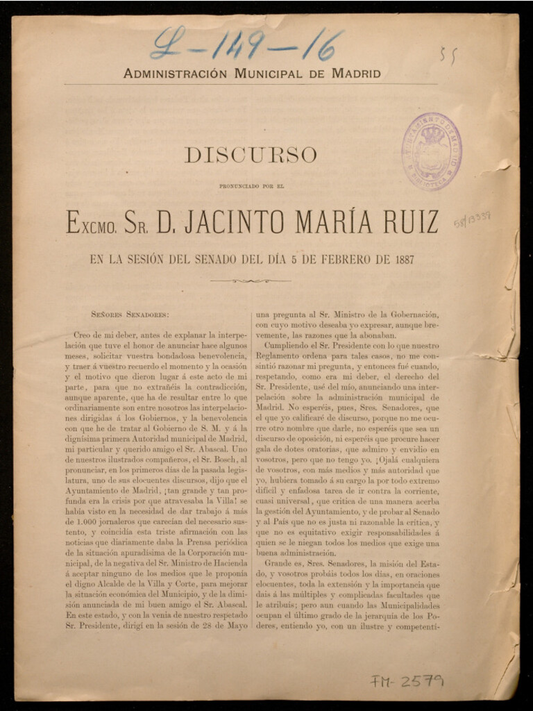 Miniatura de Discurso pronunciado por el Excmo. Sr. D. Jacinto María Ruiz en la sesión del Senado del día 5 de febrero de 1887