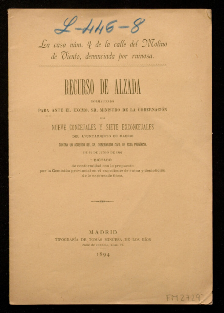 Miniatura de Recurso de alzada formalizado para ante el Excmo. Sr. Ministro de la Gobernación...