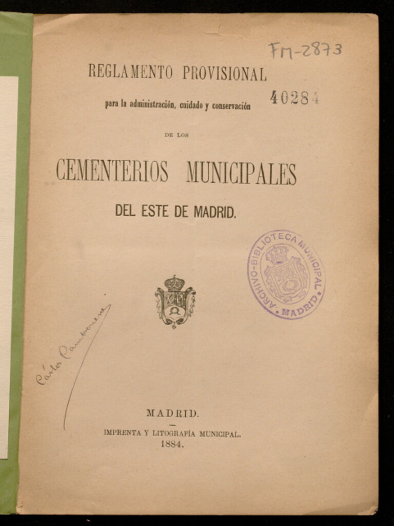 Miniatura de Reglamento provisional para la administración, cuidado y conservación de los cementerios municipales del este de Madrid
