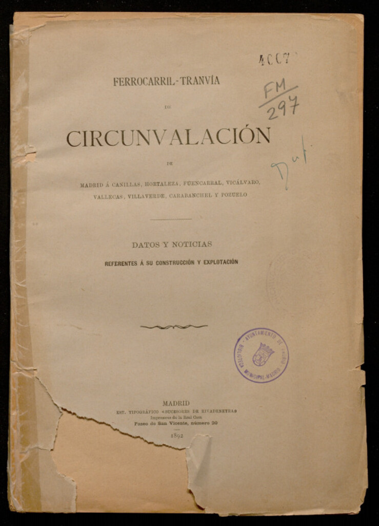 Miniatura de Ferrocarril-tranvia de circunvalación de Madrid a Canillas, Hortaleza, Fuencarral, Vicálvaro, Vallecas, Villaverde, Carabanchel y Pozuelo 