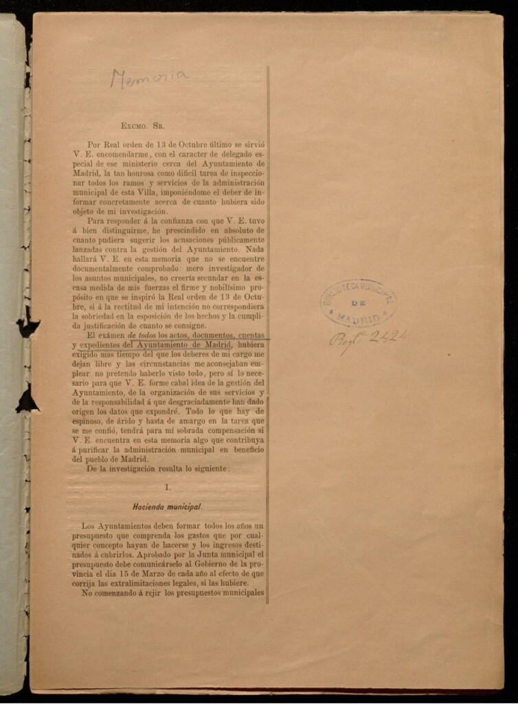 Miniatura de Memoria de la investigación efectuada de todos los actos, documentos, cuentas y expedientes del ayuntamiento de Madrid