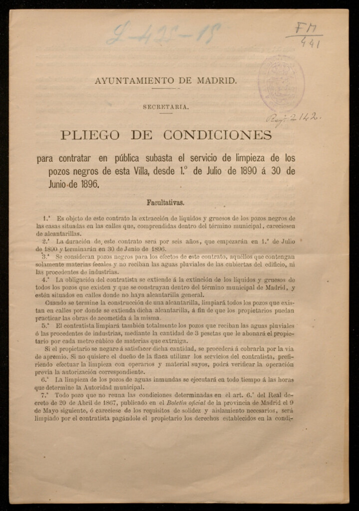 Miniatura de Pliego de condiciones para contratar en pública subasta el servicio de limpieza de los pozos negros de esta villa, desde 1º de julio de 1890 a 30 de julio de 1896