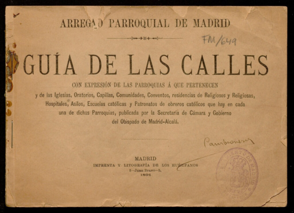 Miniatura de Guía de las calles con expresión de las parroquias á que pertenecen, y de las iglesias, oratorios, capillas, oratorios,... que hay en cada una de dichas parroquias,