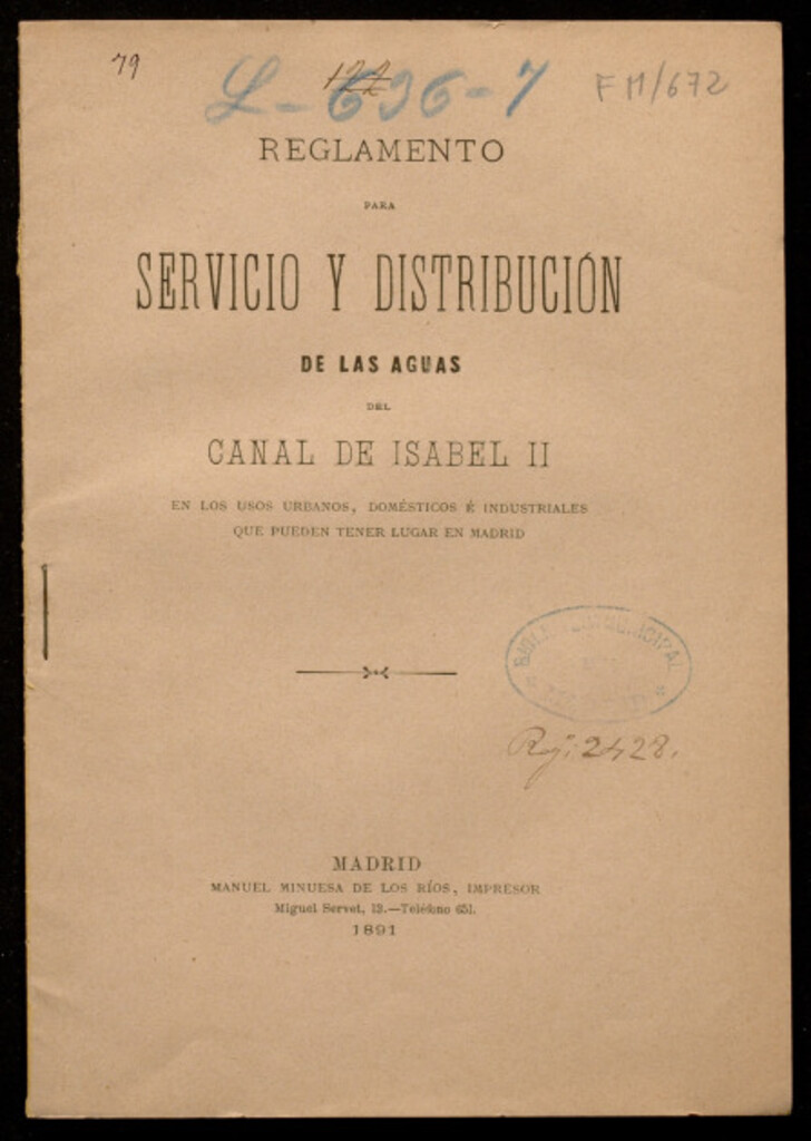 Miniatura de Reglamento para servicio y distribución de las aguas del Canal de Isabel II...