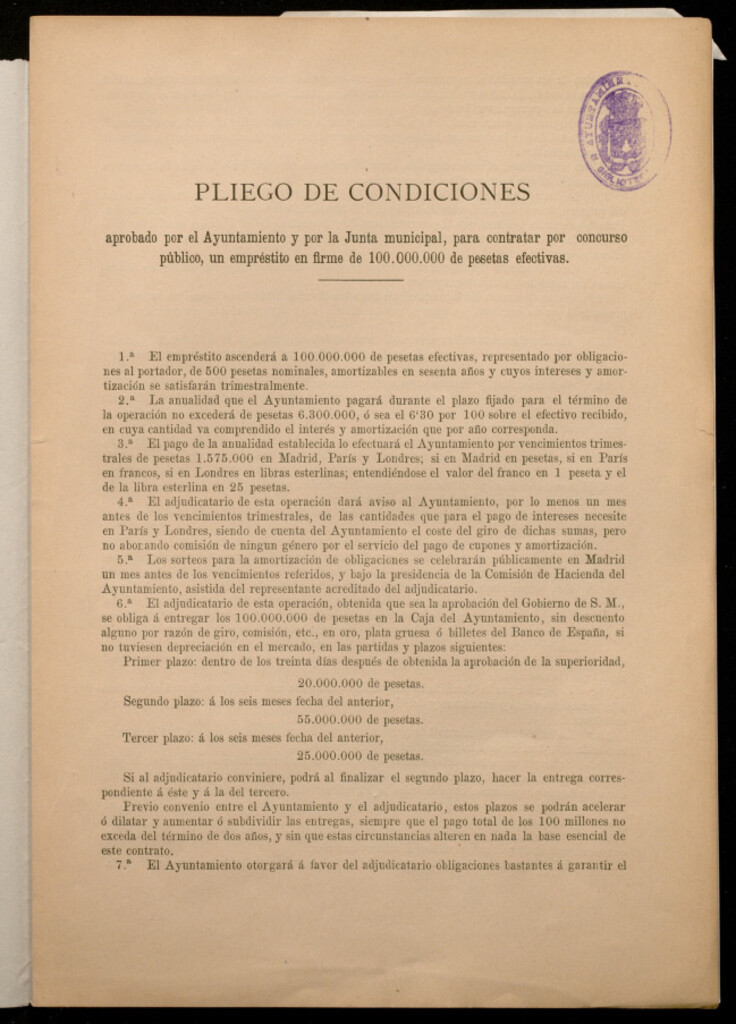 Miniatura de Pliego de condiciones... para contratar por concurso público un empréstito en firme de 100.000.000 de pesetas