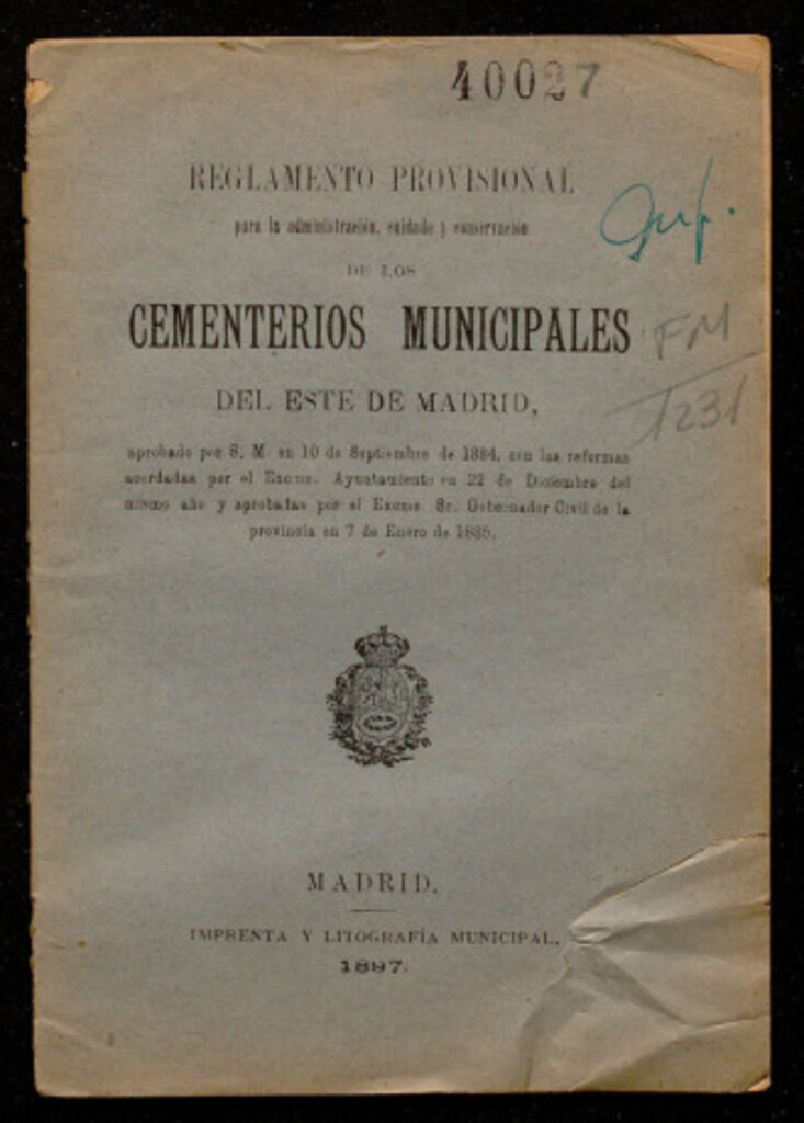 Miniatura de Reglamento provisional para la administración, cuidado y conservación de los cementerios municipales del este de Madrid...