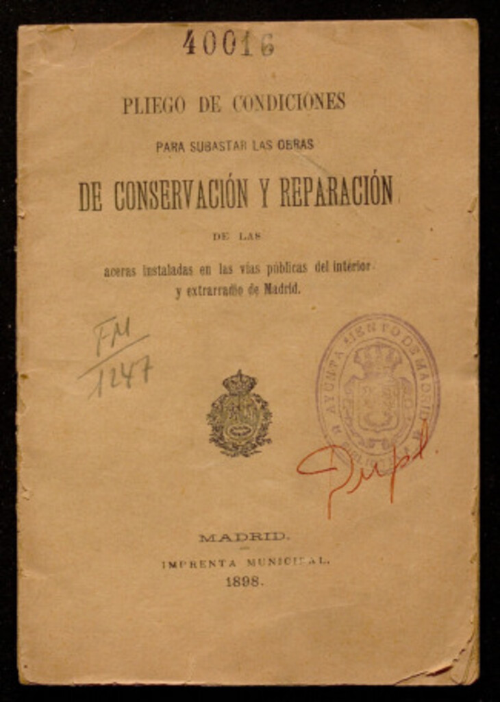 Miniatura de Pliego de condiciones para subastar las obras de conservación y reparación de las aceras instaladas en las vías públicas del interior y extrarradio de Madrid