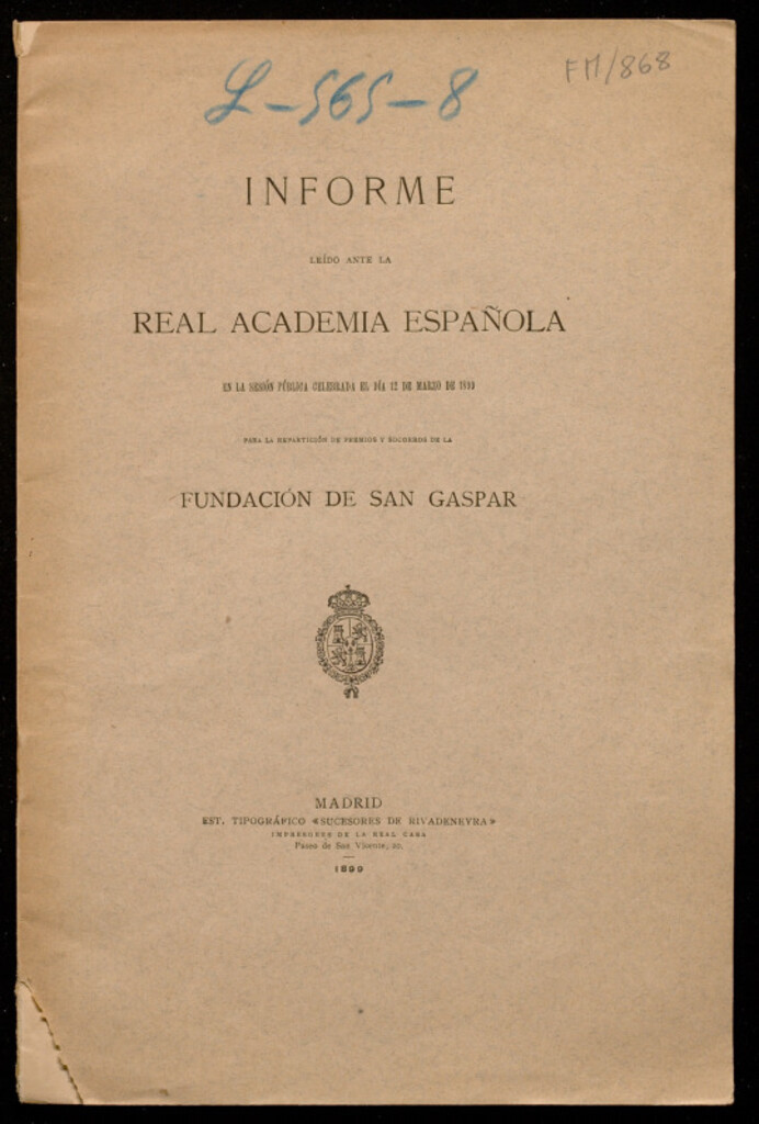 Miniatura de Informe leido ante la Real Academia Española... para la repartición de premios y socorros de la Fundación de San Gaspar