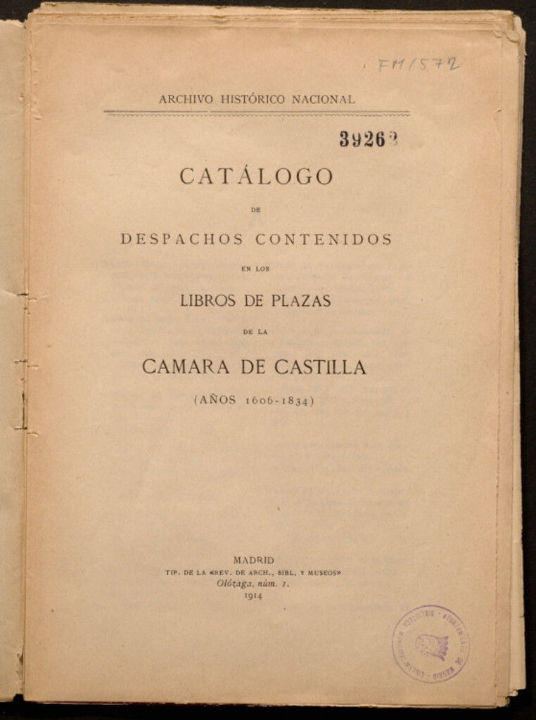 Miniatura de Catálogo de los despachos contenidos en los libros de plazas de la Cámara de Castilla (años 1606-1834)