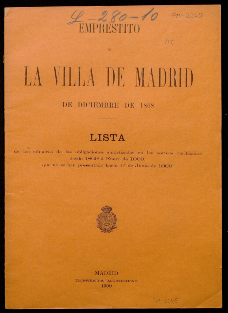 Miniatura de Empréstito de la Villa de Madrid de diciembre de 1868 : Lista de los números de las obligaciones...