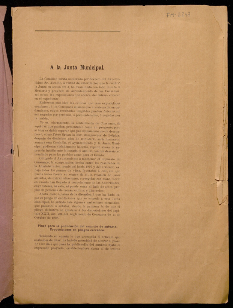 Miniatura de Dictamen de la comisión mixta nombrada para examinar la memoria y proyecto de arrendamiento de los consumos del Ayuntamiento de Madrid, de 18 de abril de 1900
