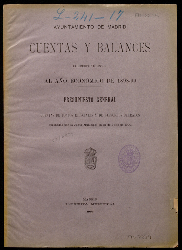 Miniatura de Cuentas y balances correspondientes al año económico de 1898-99 : Presupuesto general...