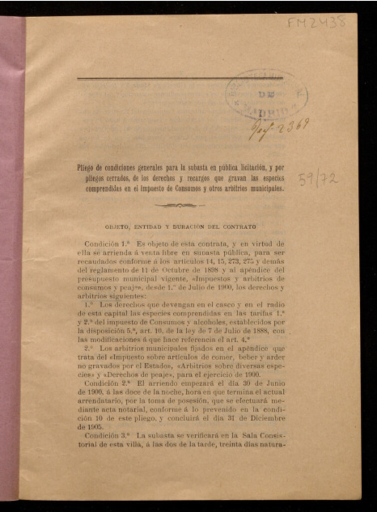 Miniatura de Pliego de condiciones generales para la subasta en pública licitación... comprendidas en el impuesto de consumos y otros arbitrios municipales