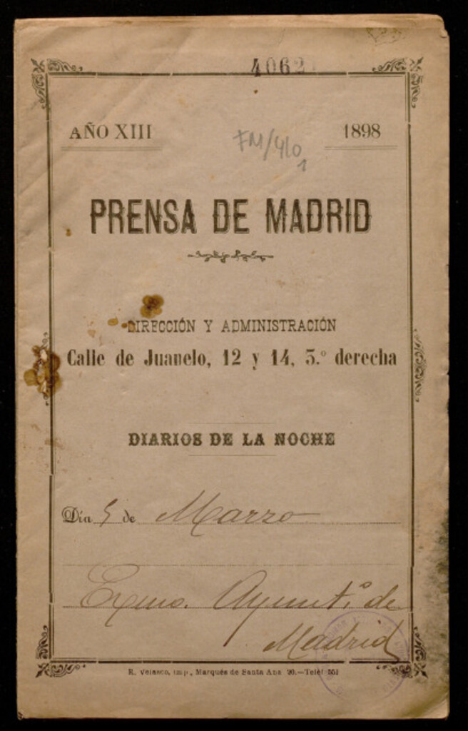 Miniatura de El pan en Madrid : recortes de prensa de los días 5 y 6 de marzo y 6 y 7 de mayo de 1898 : recortes de prensa de los días 5 y 6 de marzo y 6 y 7 de mayo