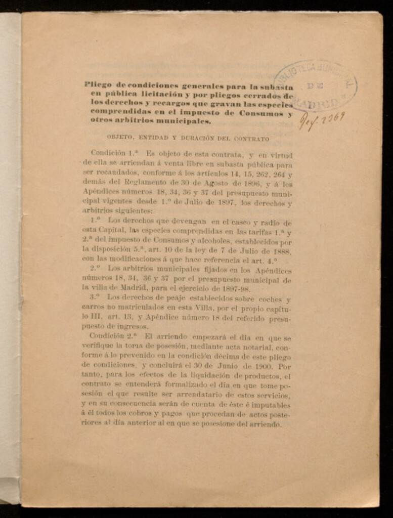 Miniatura de Pliego de condiciones generales para la subasta en pública licitación y por pliegos cerrados de los derechos y recargos que gravan las especias comprendidas en el impuesto de consumos y otros arbitrios municipales
