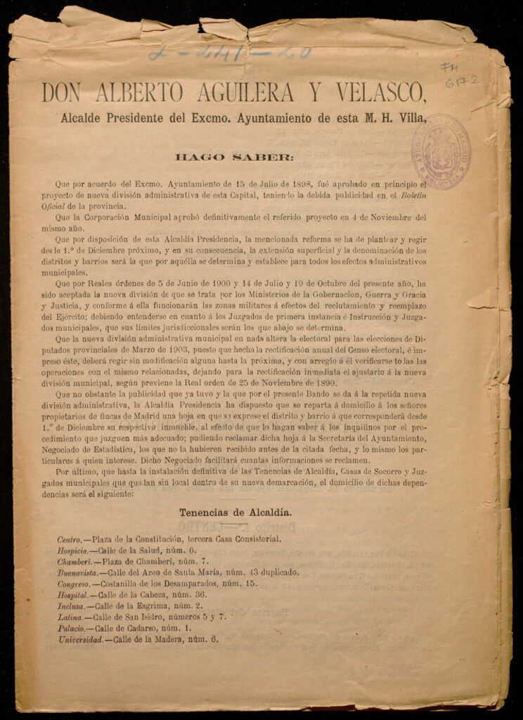Miniatura de [Bando de Alberto Aguilera y Velasco sobre la nueva división administrativa de la capital, aprobada por Reales ördenes de 5 de junio de 1900 y 19 de octubre de 1902]