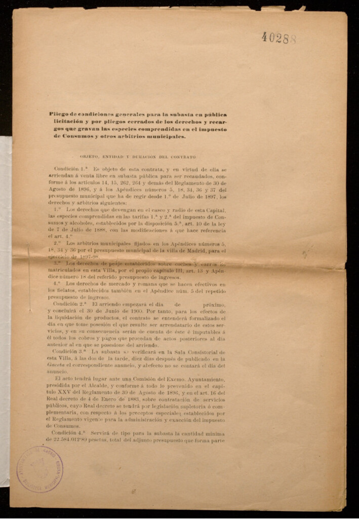 Miniatura de Pliego de condiciones generales para la subasta... de los derechos y recargos con que gravan las especies comprendidas en el impuesto de consumos y otros arbitrios municipales