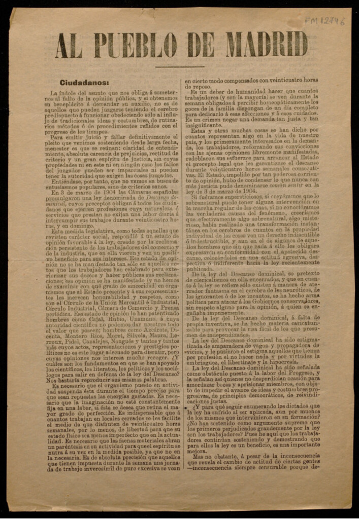 Miniatura de [Convocatoria a un mitin en apoyo del cumplimiento de la Ley de Descanso Dominical de 1904 :se convoca por sociedades madrileñas de trabajadores y obreros para el 10 de diciembre de 1905 en el frontón Central de Madrid]