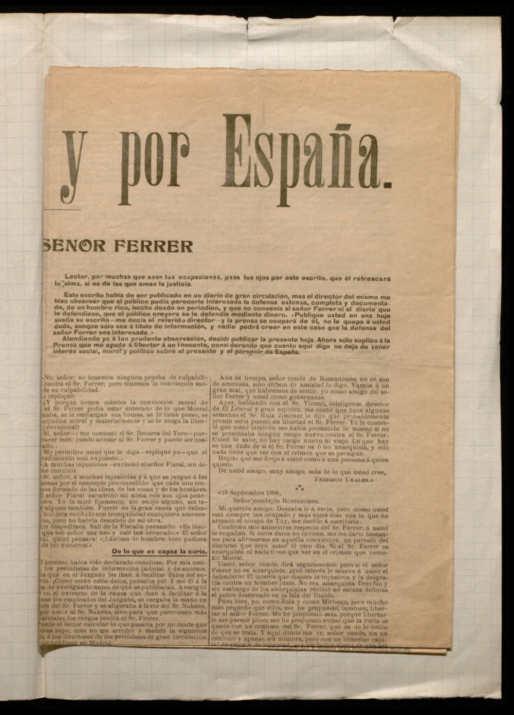 Miniatura de Por la justicia y por España : la inocencia del Sr. Ferrer : [artículo en defensa de Francisco Ferrer Guardia acusado de complicidad en el atentado de la calle Mayor el día de la boda de Alfonso XIII]