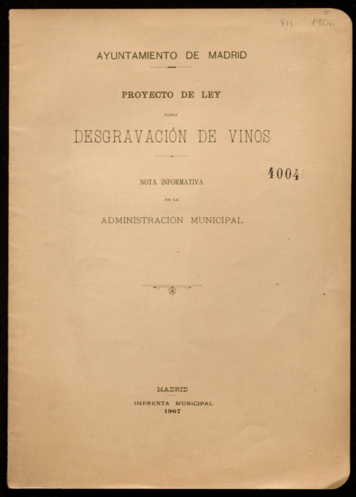 Miniatura de Proyecto de ley sobre desgravación de vinos : nota informativa de la administración municipal