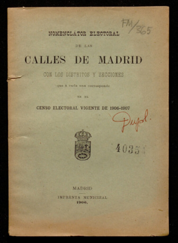 Miniatura de Nomenclator electoral de las calles de Madrid con los distritos y secciones que a cada una corresponde en el censo electoral vigente de 1906-1907