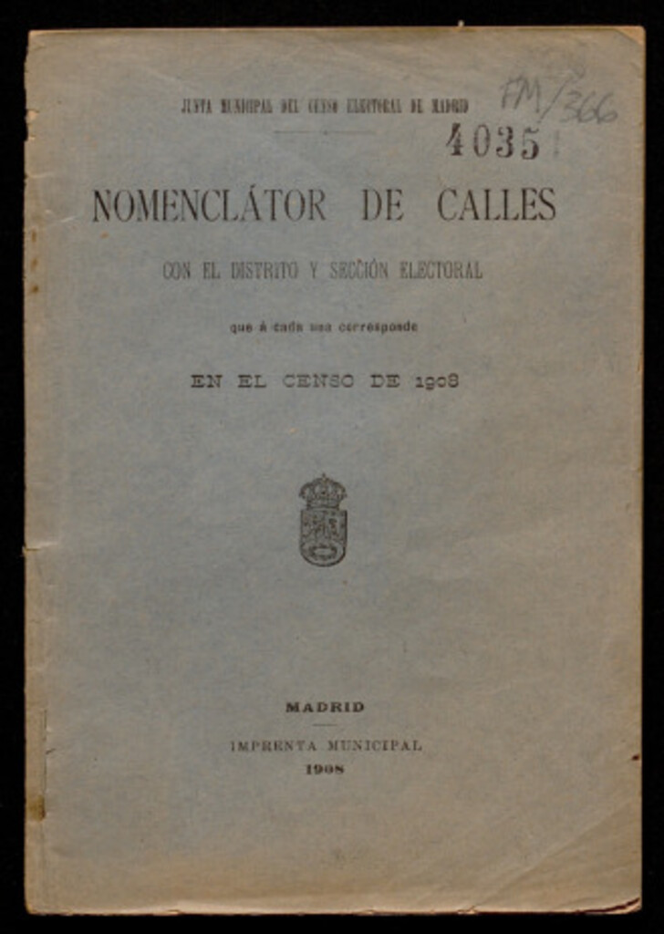 Miniatura de Nomenclator de calles con el distrito y sección electoral que a cada una corresponde en el censo de 1908