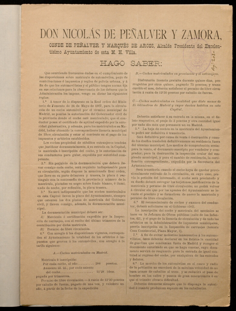 Miniatura de Don Nicolás de Peñalver ... Alcalde Presidente ... Ayuntamiento de esta M.H. Villa, hago saber que ocurriendo frecuentes dudas en el cumplimiento de las disposiciones sobre matrícula de automóviles, pago de contribuciones é impuestos y reglas de policía u
