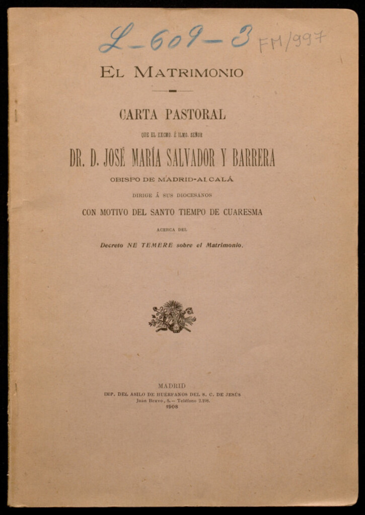 Miniatura de El matrimonio, carta pastoral que el obispo de Madrid dirige a sus diocesanos con motivo del santo tiempo de cuaresma...