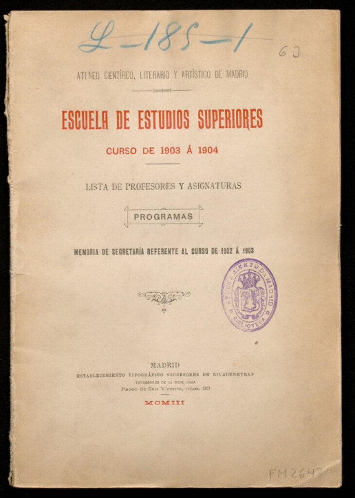 Miniatura de Escuela de estudios superiores : curso de 1903 a 1904
