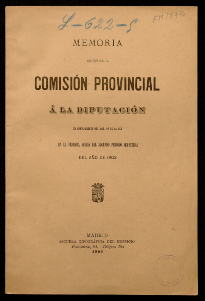 Miniatura de Memoria que presenta la Comisión provincial a la Diputación en cumplimiento del art. 98 de la Ley, en primera sesión del segundo periodo semestral del año 1903