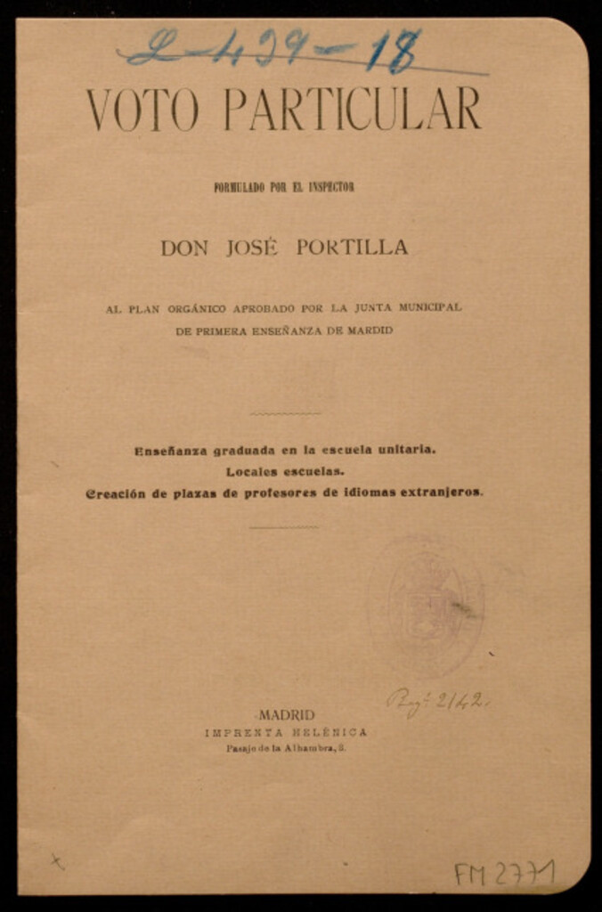 Miniatura de Voto particular formulado por el inspector Don José Portilla al plan orgánico aprobado por la Junta municipal de Primera enseñanza de Madrid