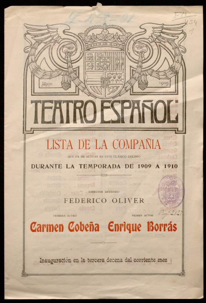 Miniatura de Lista de la compañía que ha de actuar en este clásico coliseo durante la temporada de 1909 a 1910