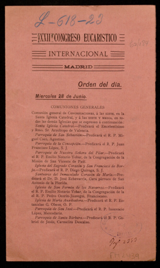 Miniatura de XXII Congreso eucarístico internacional: orden del dia