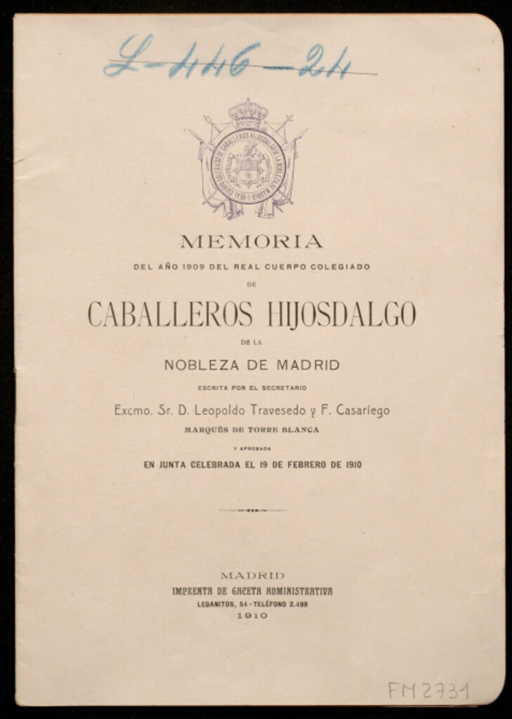 Miniatura de Memoria del año 1909 del Real Cuerpo Colegiado de Caballeros Hijosdalgo de la nobleza de Madrid : escrita por el secretario, Leopoldo Travesedo y F. Casariego