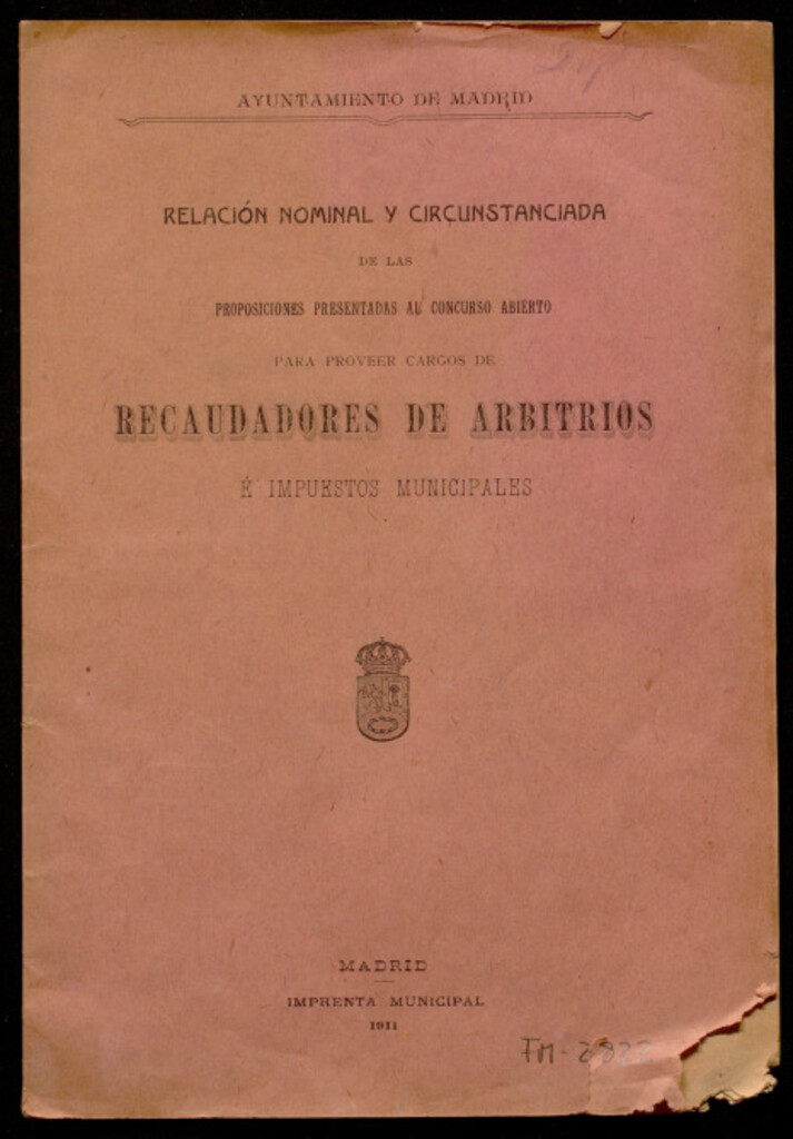 Miniatura de Relación nominal y circunstanciada de las proposiciones presentadas al concurso abierto para proveer cargos de recaudadores de arbitrios é impuestos municipales