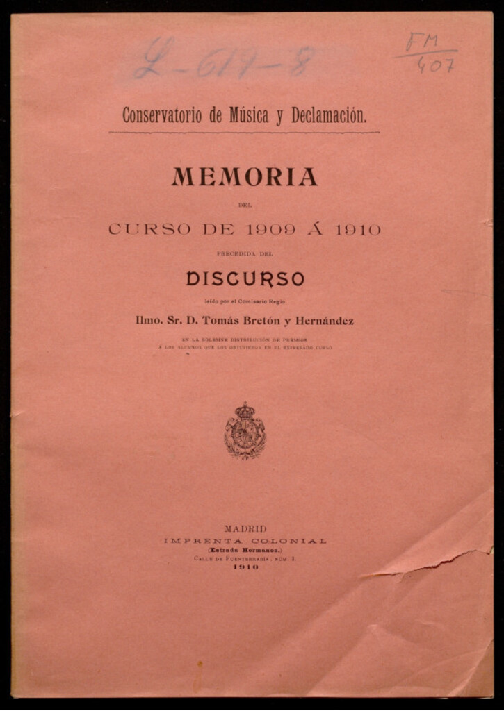 Miniatura de Memoria del curso de 1909 a 1910 precedida del discurso leído por el comisario regio Tomás Bretón Hernández