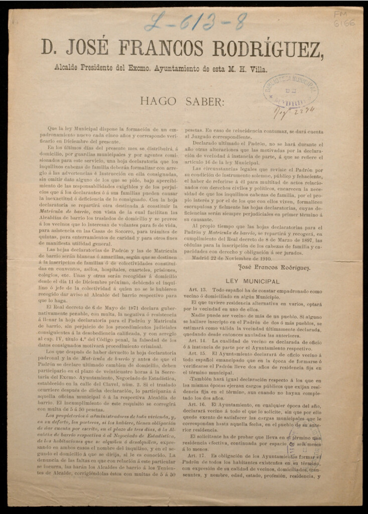 Miniatura de D. José Francos Rodríguez, Alcalde Presidente del Excmo. Ayuntamiento de esta M. H. villa : Hago saber que la ley municipal dispone la formación de un empadronamiento nuevo cada cinco años y corresponde verificarlo en diciembre del presente... / José Fran