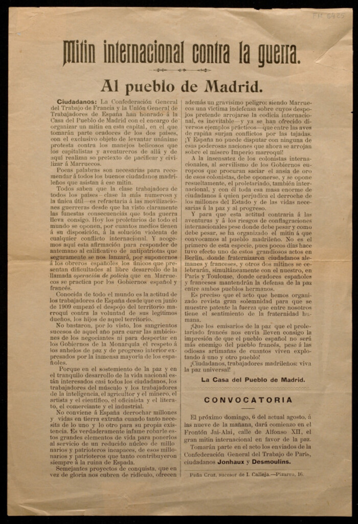 Miniatura de Mitin internacional contra la guerra : Al pueblo de Madrid : convocatoria de la Casa del Pueblo de Madrid [para] el 6 del actual agosto