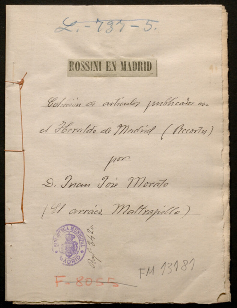Miniatura de Rossini en Madrid : colección de artículos publicados en el Heraldo de Madrid: (recortes) / por Juan José Morato (El arráez Maltrapiello)