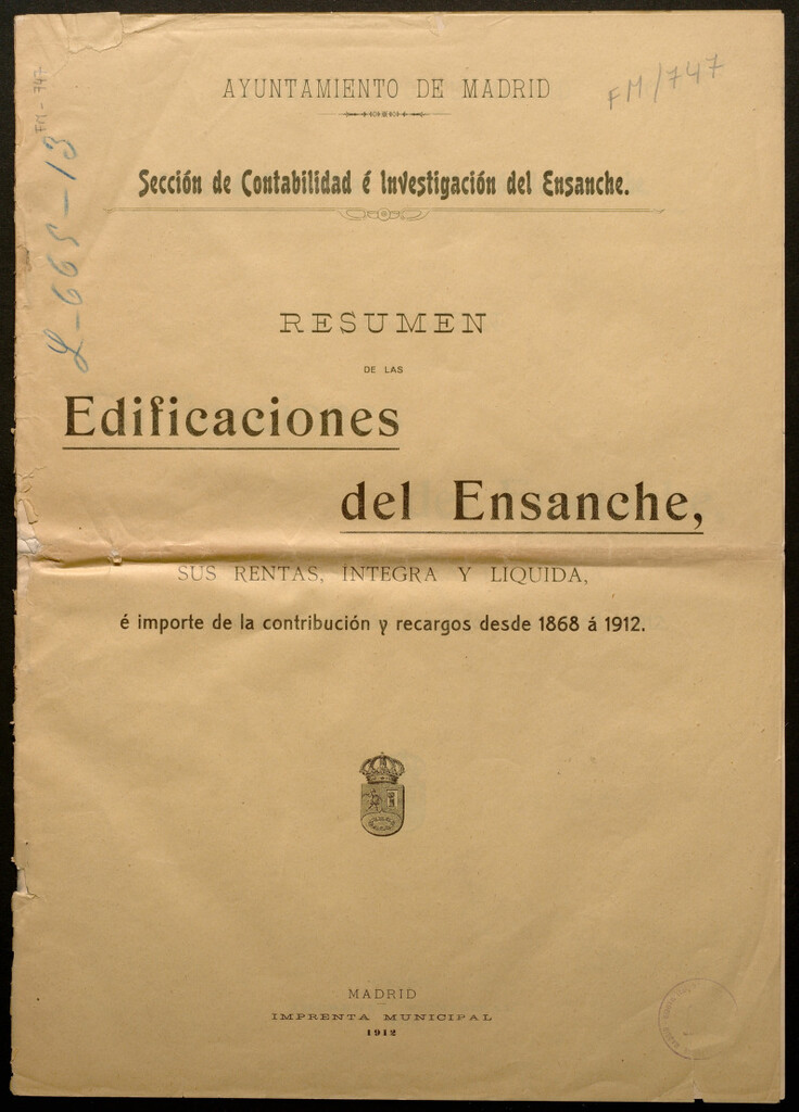 Miniatura de Resumen de las edificaciones del Ensanche, sus rentas íntegra y líquida e importe de la contribución y recargos desde 1868 a 1912