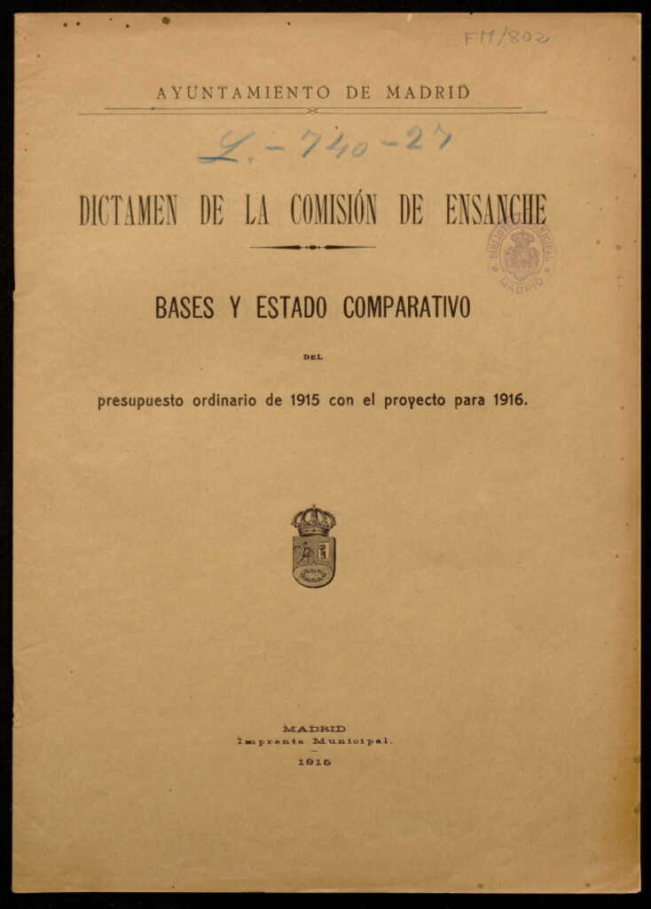 Miniatura de Dictamen de la Comisión de Ensanche : bases y estado comparativo del presupuesto ordinario de 1915 con el proyecto para 1916