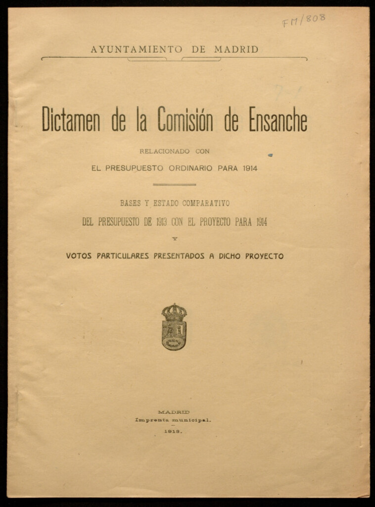 Miniatura de Dictamen de la Comisión de Ensanche relacionado con el presupuesto ordinario para 1914 : bases y estado comparativo del presupuesto de 1913 con el proyecto para 1914...
