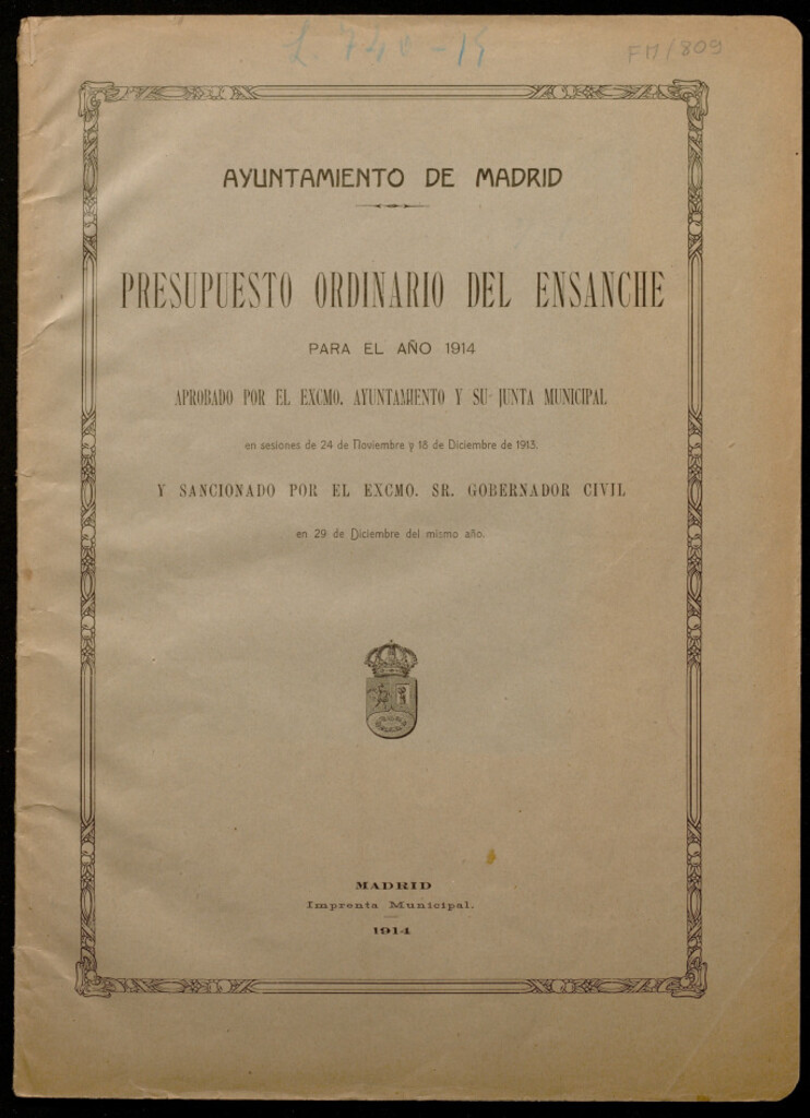 Miniatura de Presupuesto ordinario del ensanche para el año 1914 aprobado por el Ayuntamiento y su junta municipal en sesiones de 24 de noviembre y 18 de diciembre de 1913...