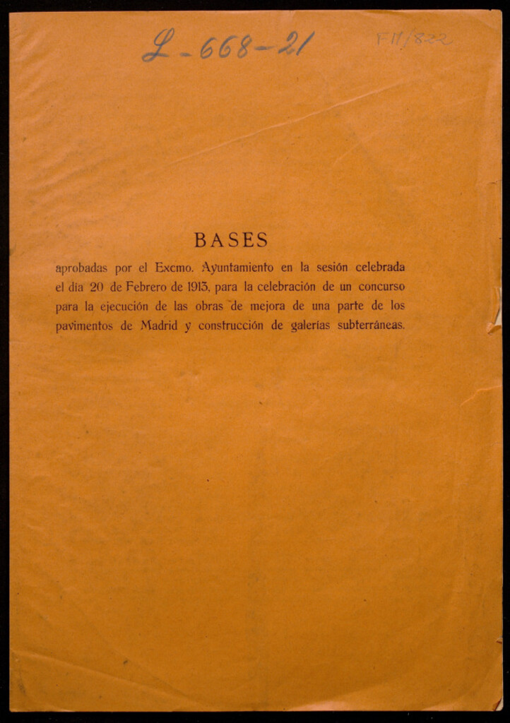 Miniatura de Bases aprobadas... en la sesión del 20 de febrero de 1913 para la celebración de un concurso para unas obras de mejora de los pavimentos de Madrid y construcción de galerias subterraneas