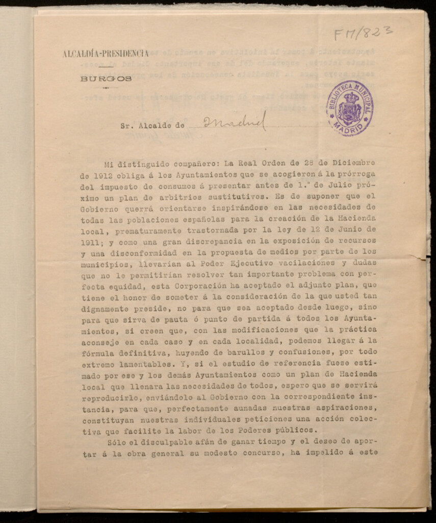 Miniatura de La hacienda local : [plan de arbitrios sustitutivos que envia el Alcalde de Burgos al de Madrid]
