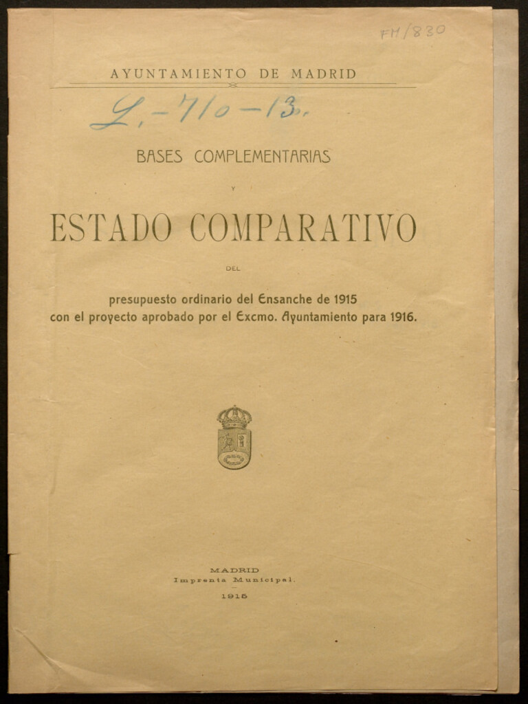 Miniatura de Bases complementarias y estado comparativo del presupuesto ordinario del ensanche de 1915 con el proyecto aprobado... para 1916